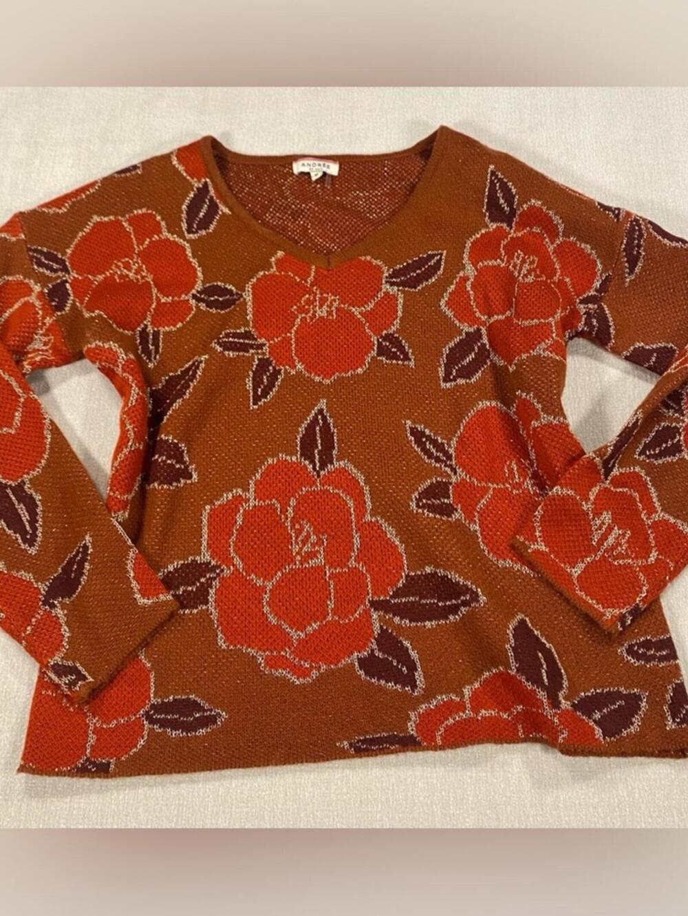 Shimmery Burnt Orange Rust and White Knit Sweater Magnolia Floral Lotus